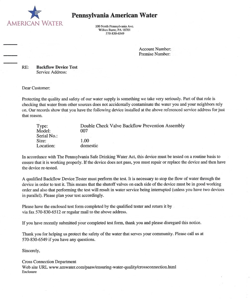 Pennsylvania Water - American Water Backflow Testing Letter